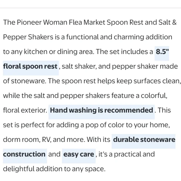 ❤️ Pioneer Woman Flea Market Floral Salt And Pepper Shakers and Spoon Rest Set